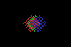 examples/translucent_cubes running in mGBA with the coordinate-shift bug — only red and a dark, almost-black region are visible, no green or blue