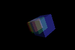 examples/translucent_cubes running in mGBA with the bit-reversal offset sequence — all three cubes visible, dither density looking even across all three