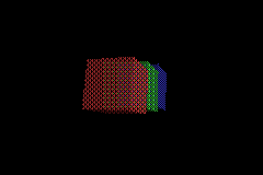 examples/translucent_cubes running in mGBA after the value-rotation fix — all three cubes visible, but the third one's dither pattern looks visibly rougher than the other two