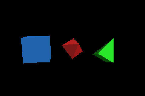 examples/spinning_shapes running in mGBA — a cube, octahedron, and cone rotating on all three axes