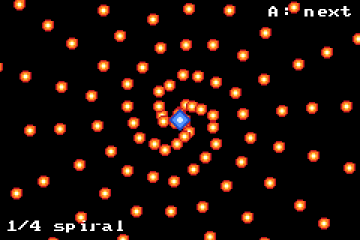 The bullets example running under mGBA, OAM contents captured over its debug stub -- a blue emitter sprite is clearly visible on top of a spiral of orange bullet sprites radiating from it